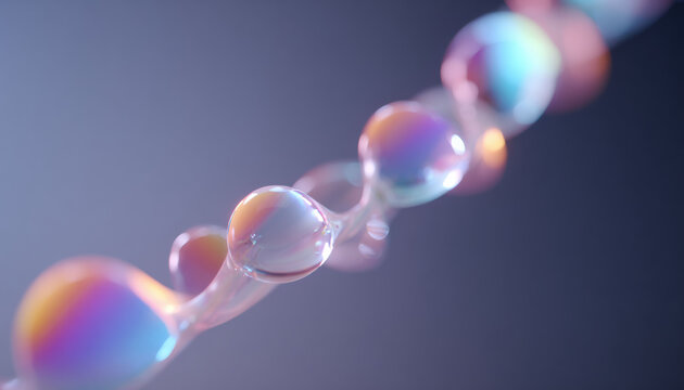 Serene abstract background with close up of interconnected iridescent bubbles. flowing, transparent, colorful liquid spheres create futuristic molecular chain with gentle glow - Powered by Adobe