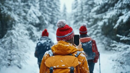 friends hiking in snowy winter forest making video call on smartphone, wearing christmas hats, joyful holiday moment with snow-covered background - Powered by Adobe