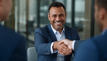 Successful businessman confidently shaking hands with a colleague in a modern office, celebrating partnership and professional achievement