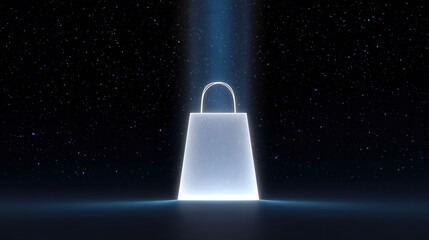 Glowing shopping bag in space under beam of light. mysterious and futuristic concept for e commerce, online retail, special sale, and unique offer