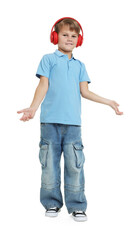 Cute boy in headphones on white background