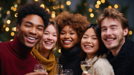 Happy multiethnic group of young adult friend smiling during holiday party. Joyful people enjoying celebration with togetherness, expressing positive emotion indoors