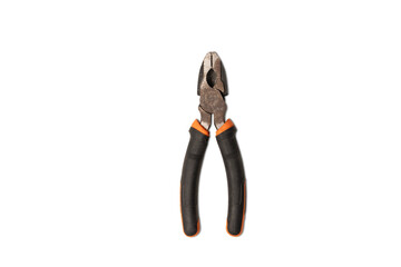 Close-up of rusty combination pliers with black and orange handles on white background, showing details of the old metal texture
