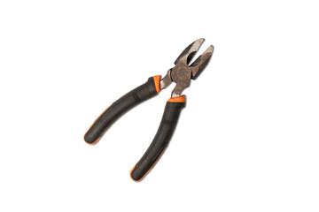Obraz premium Close-up of rusty combination pliers with black and orange handles on white background, showing details of the old metal texture