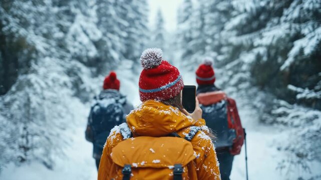 friends hiking in snowy winter forest making video call on smartphone, wearing christmas hats, joyful holiday moment with snow-covered background