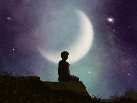 Silhouette of a person meditating under a crescent moon at night. A digital painting symbolizing mental wellness, inner peace, mindfulness, and emotional balance in a calm cosmi