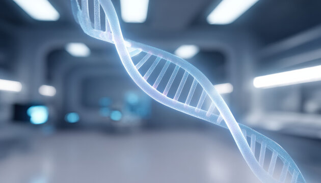 Glowing blue dna helix in futuristic science laboratory background. hopeful concept for genetic research, modern medicine, advanced technology, and biotechnology