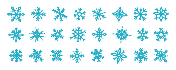 Doodle blue snowflakes set. Simple hand drawn snow flakes. Winter atmosphere. Collection snowflake icons, crystal ornament. Design element for new year, christmas cards. Winter vector illustrations.