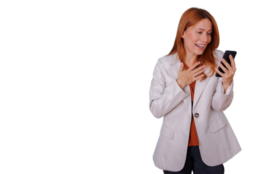 Happy businesswoman watching content on smartphone, streaming video, feeling surprised and joyous moment, transparent background