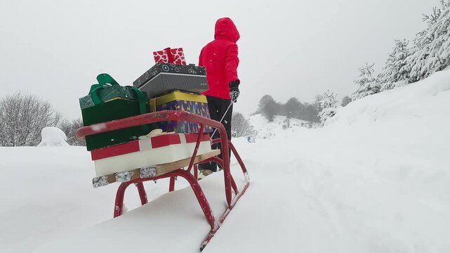 Woman hiker pulling sled with Christmas box gifts  present through mountain snowy winter landscape