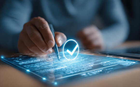 Focused person using stylus on futuristic tablet to make digital signature. glowing checkmark symbol confirms successful verification and approval of document - Powered by Adobe
