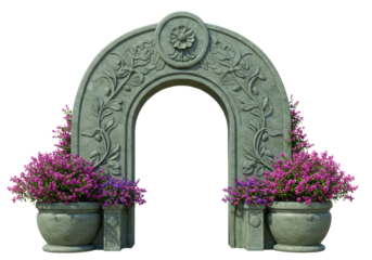Isolated Archway with Flowers in Planters - Stone Floral Arch Structure, Garden Decor