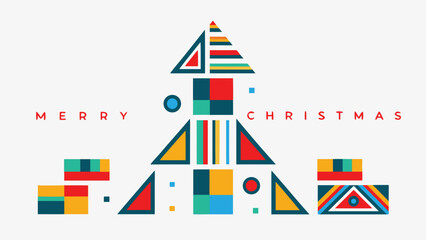 Modern geometric christmas tree design with bold colors and festive greeting