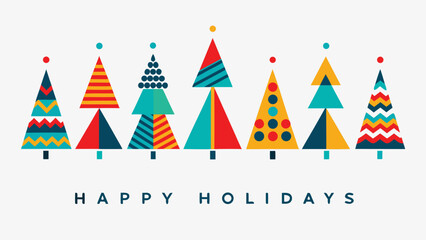 A cheerful collection of abstract geometric christmas trees in vibrant colors with a happy holidays message
