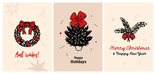 Set of Xmas cards with hand drawn elements with tied bows. Wreath, Christmas tree, branches in black color with red ribbons and confetti on background. Vector illustration, New Year whimsy posters.