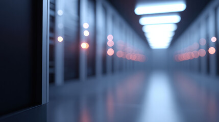 Powerful futuristic server room corridor in modern data center with blue light and bokeh. high tech network storage hub represents future of big data and cloud computing