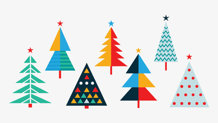 A cheerful collection of modern abstract christmas trees in vibrant colors and geometric patterns