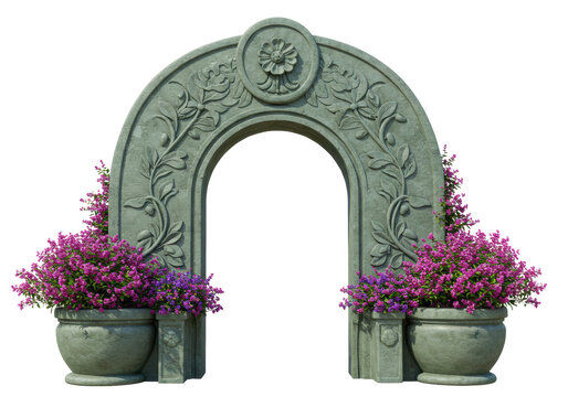 Isolated Archway with Flowers in Planters - Stone Floral Arch Structure, Garden Decor