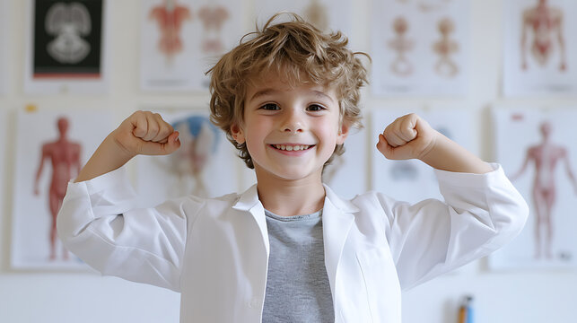 A young boy, dressed in a pristine white lab coat, proudly displays his strength, flexing both arms with a cheerful smile, against a backdrop adorned with anatomical charts.
