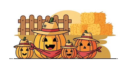 Family of pumpkins wearing cowboy hats and bandanas in a farm setting