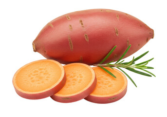 Isolated sweet potato slices with whole tuber and rosemary for culinary use or decoration