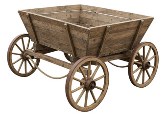 Isolated rustic wood cart with four spoked wheels, vintage country decoration, craft prop