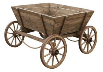 Isolated rustic wood cart with four spoked wheels, vintage country decoration, craft prop