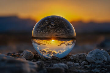 Reflective glass sphere resting on rocky ground capturing an inverted vibrant sunset sky with glowing clouds at dusk in a serene outdoor landscape