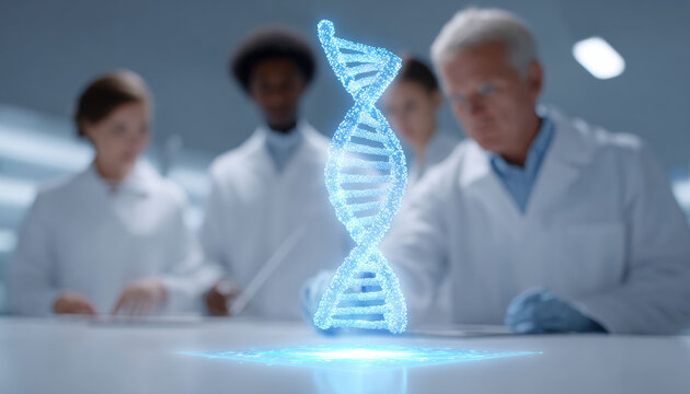 Focused scientist team in modern laboratory with advanced biotechnology. Science research on dna helix hologram shows curious genetics discovery with future technology