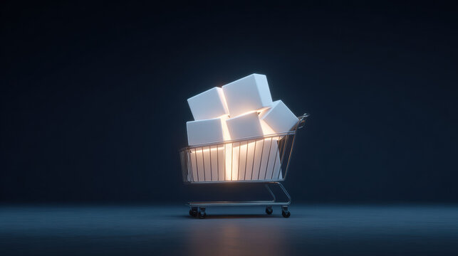 Glowing shopping cart with illuminated white cubes symbolizing digital commerce. Abstract concept for future technology, online sale, and business on dark blue background