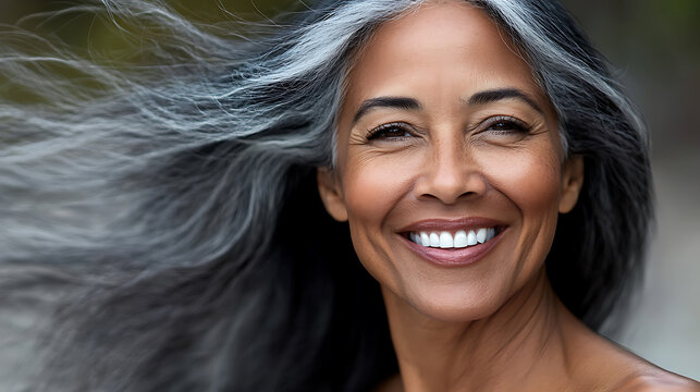 A beautiful mature woman smiles radiantly, her silver hair gracefully blowing in the wind, showcasing natural aging and timeless elegance. She is captivating and confident.