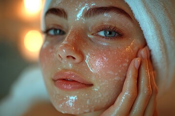 Naklejka premium Closeup Woman Face Washing Cleansing Foam Bubbles Skincare