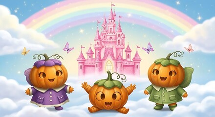 Cute cartoon pumpkins with a rainbow and castle in the clouds