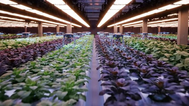 Hydroponic Basil Plants Growing in an Indoor Vertical Farm