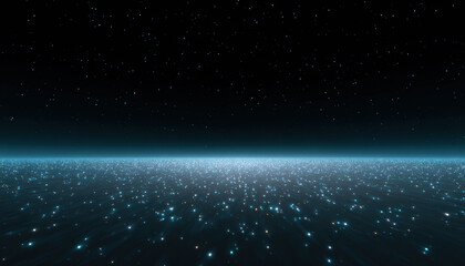 Fototapeta premium Vast digital landscape with glowing blue network of data stretching to horizon under dark sky. Abstract background represents cyberspace, technology, future and communication