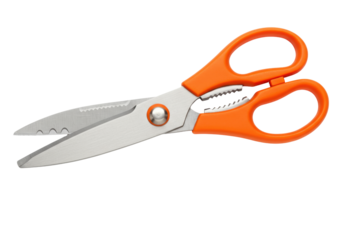Isolated dressmaking sewing shears with orange handles for craft work or fabric projects