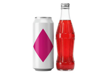 Isolated Can and Bottle of Red Soda Beverage Product Refreshments in Clear Glass Container