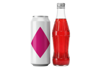 Isolated Can and Bottle of Red Soda Beverage Product Refreshments in Clear Glass Container