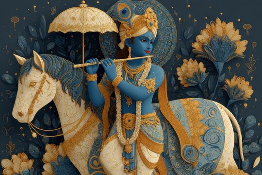 Krishna playing flute riding white horse in artistic blue and gold decoration