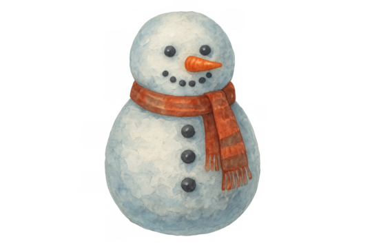 Snowman watercolor illustration showcasing winter holiday season, christmas decoration, festive spirit, and snowy cheerful character with scarf