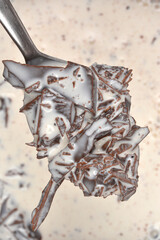 A close-up vertical shot of a spoon holding dark chocolate shavings covered in sweet cream, held above the bowl of liquid