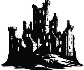 Medieval castle ruins, historic architecture vector illustration