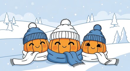 Three cute pumpkins wearing winter hats and scarves