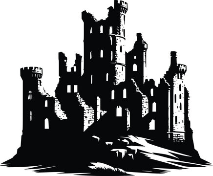 Medieval castle ruins, historic architecture vector illustration