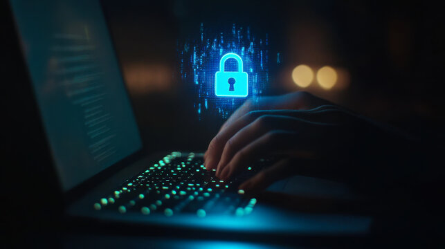 Secure online activity is taking place on a laptop at night with a digital lock representation