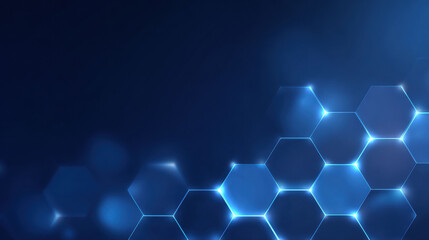 Abstract blue background with futuristic technology pattern. Glowing hexagon shapes create digital network concept with sophisticated feel and copy space for text