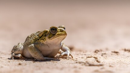 Obraz premium herpetology. Macro view of a Sonoran Desert Toad resting on sandy terrain in natural sunlight. wildlife magazines, conservation campaigns, designed for wildlife conservation campaigns.