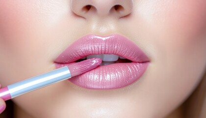 Naklejka premium Applying Pink Lip Gloss Close-up of a Woman's Lips and Beauty Routine