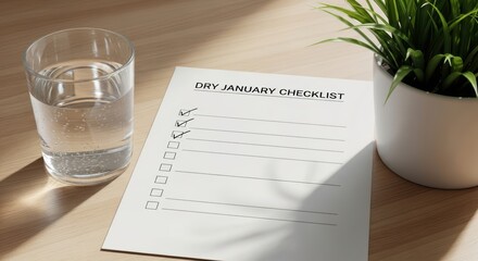 Dry january checklist on wooden desk with water glass and green plant in sunlight