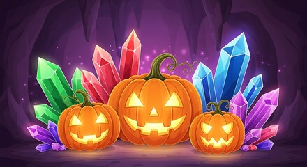 Three glowing jackolanterns with colorful crystals in cave